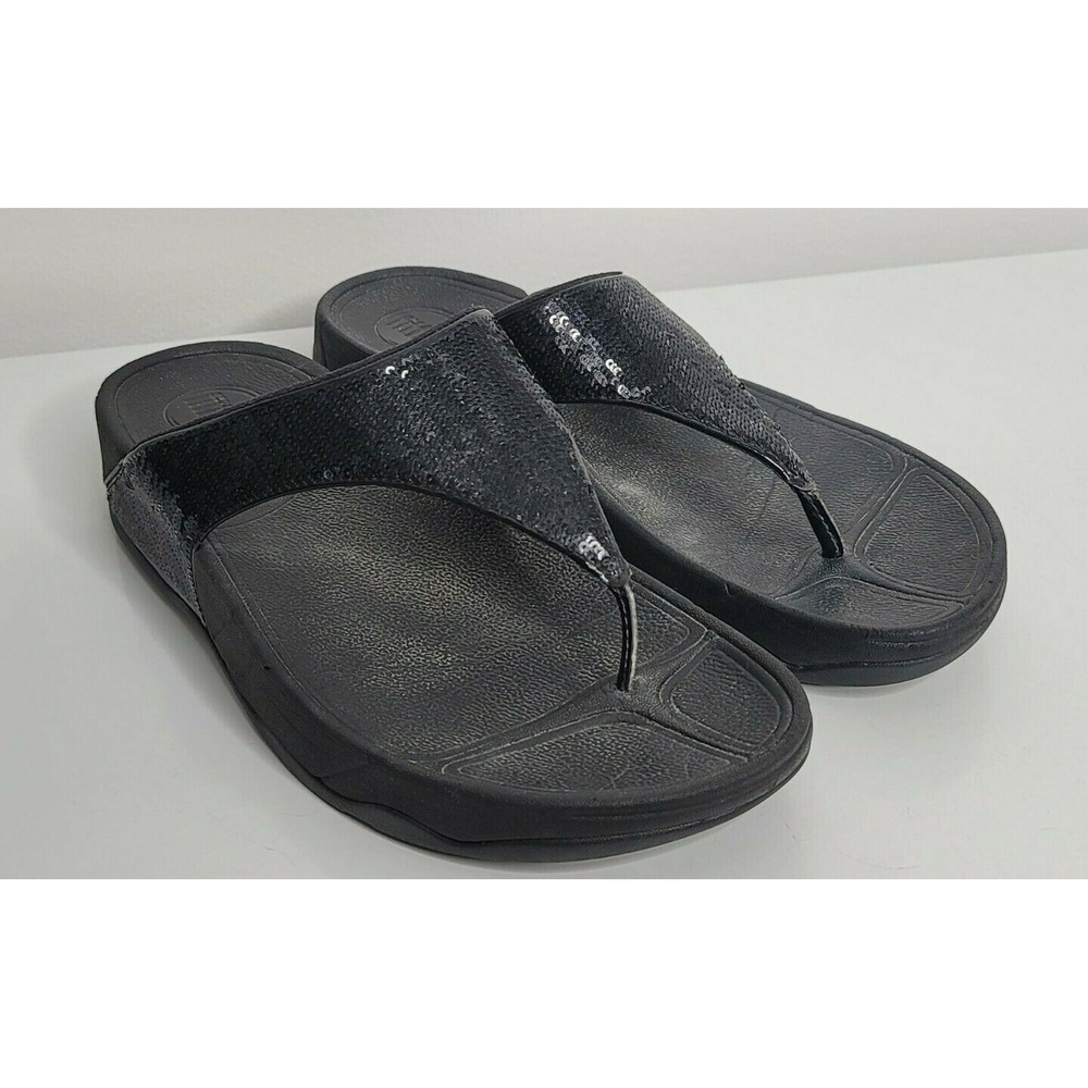 Fit Flop Electra Sequin Womens Sz 9 Black Slides Slipper Flip Flop Thong Sandal